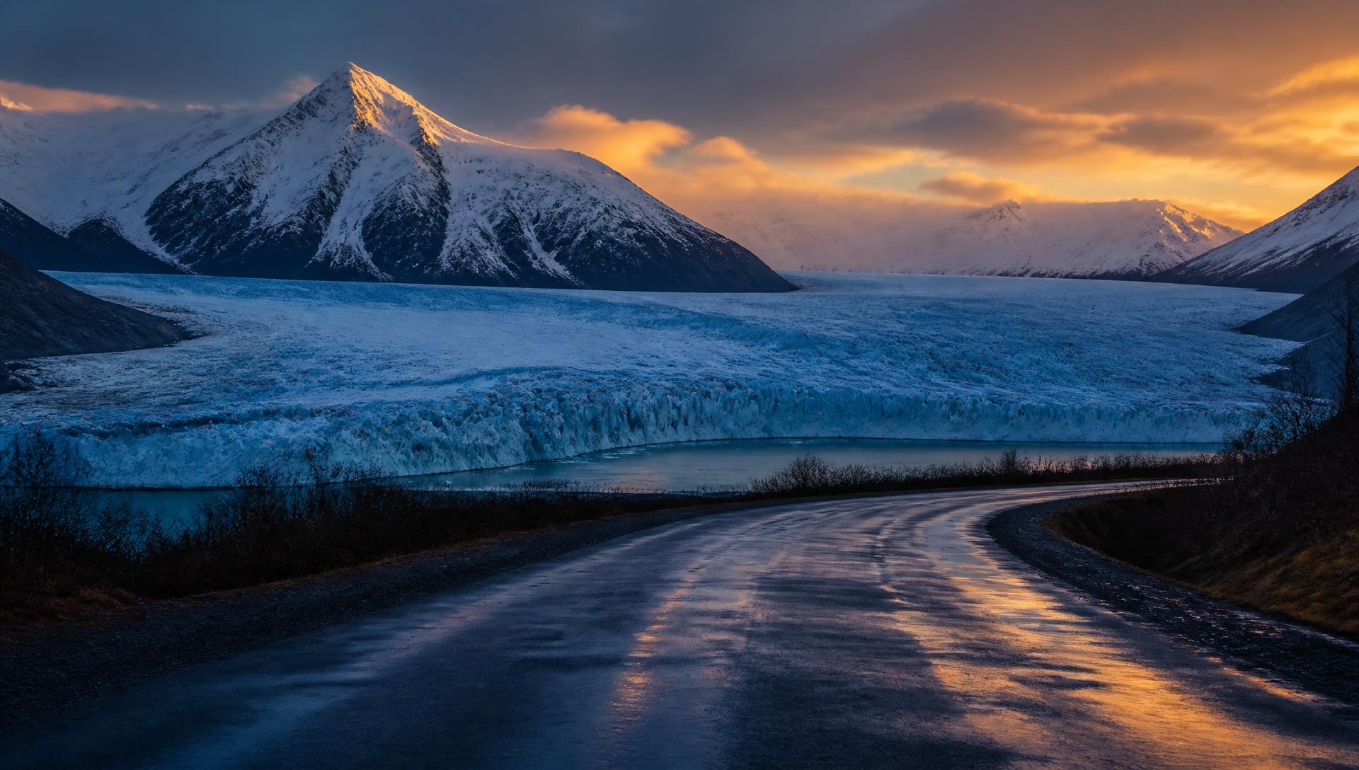 Alaska glacier and mountains at sunrise above a wet asphalt road